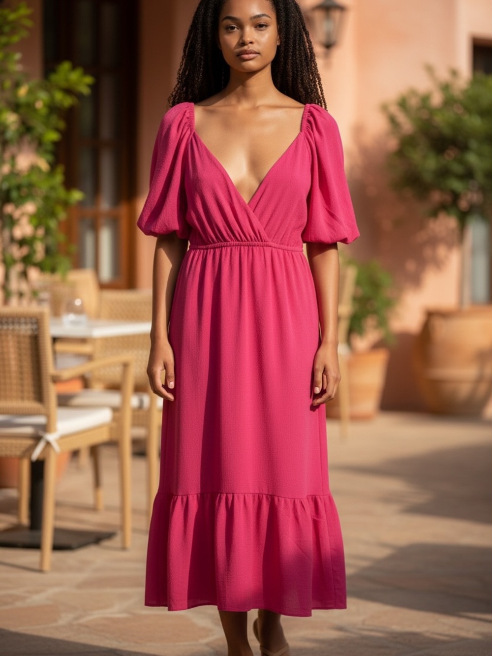 V-Neck Puff Sleeve Midi Dress in Fuchsia